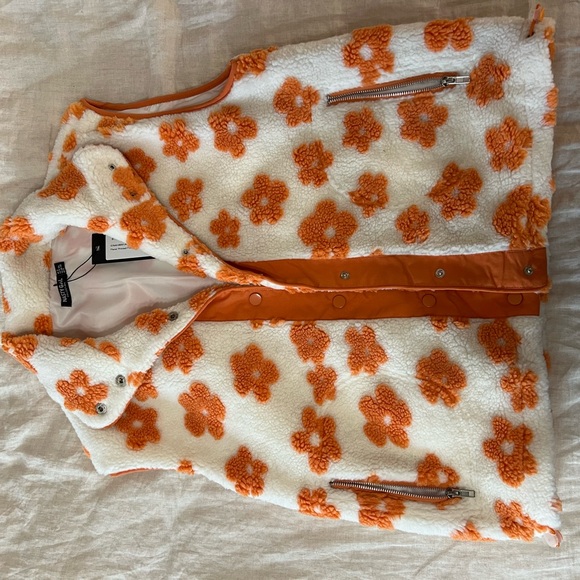 Nasty Gal Jackets & Blazers - Nasty Gal Cream and Orange Floral Sherpa Vest